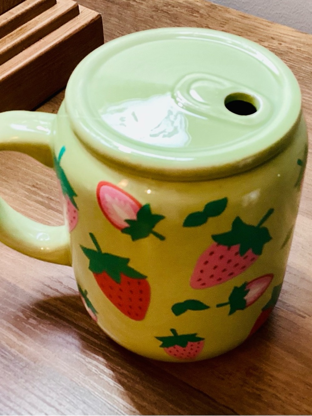Cute Strawberry Ceramic Mug with Pale Green Lid